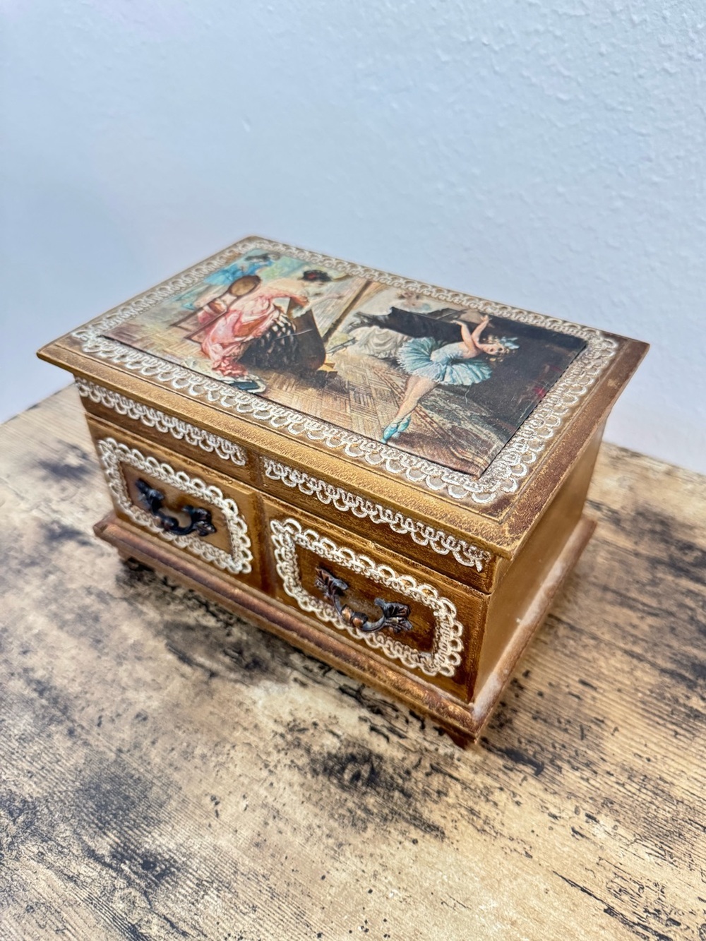 Wooden Ballerina Jewelry Box Mirror Lift-Out Tray Victorian Style - Picture 3 of 12